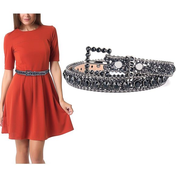 2292 Womens Thin Belts Skinny Leather Belt Luxury Strap Rhinestones Studded main image 5